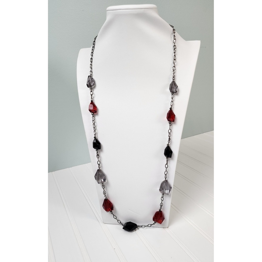 Long Beaded Necklace Red Black Gray Faceted‎ Gemstone Chain Costume Jewelry